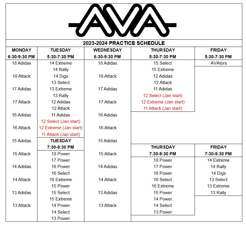 2023-2024 AVA Practice Schedule
